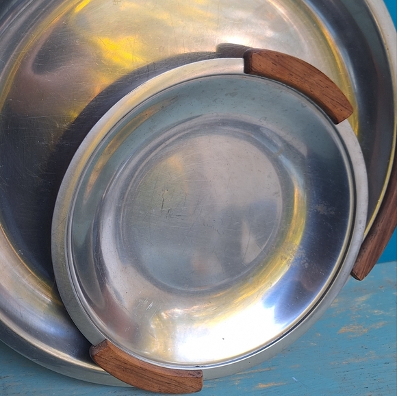 Vintage Stainless Steel Tray Teak Wood Handles MCM Metal Platter Modern Display - Picture 12 of 15
